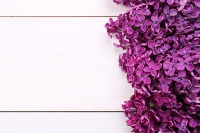 Beautiful lilac flowers on white wooden background, top view with space for text