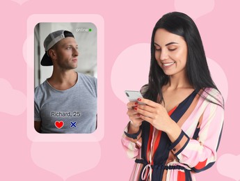 Image of Smiling woman looking for partner via dating site on pink background. Profile photo of man, information and icons