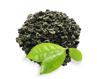 Dry green tea and fresh leaves on white background, top view