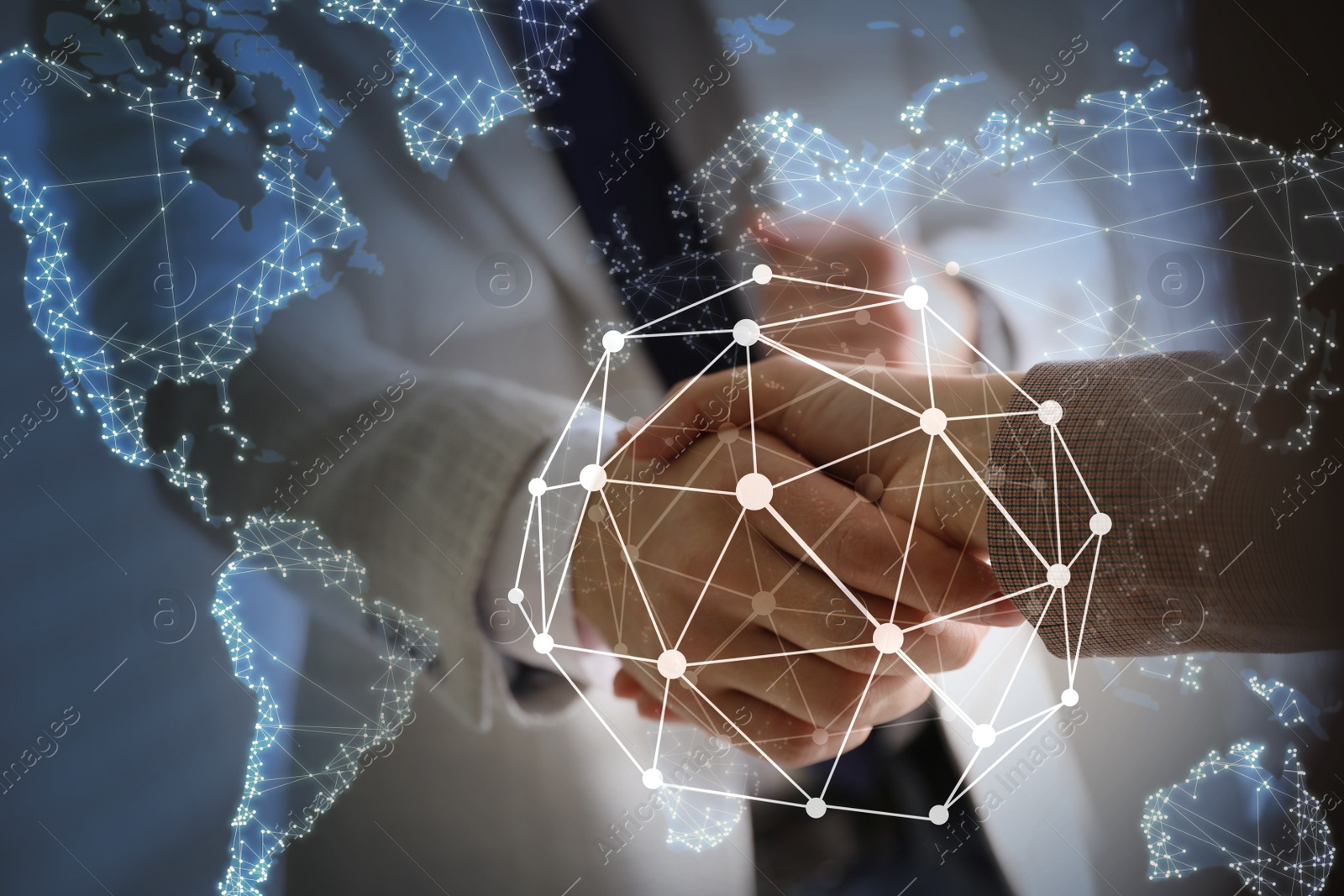 Image of Business people shaking hands and network connection lines, closeup. Modern technology