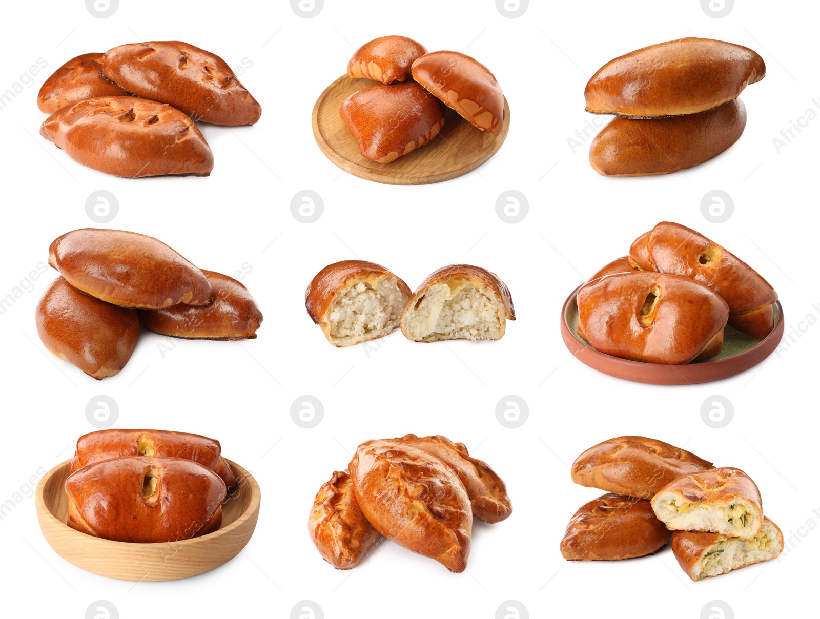 Image of Set with delicious baked patties on white background