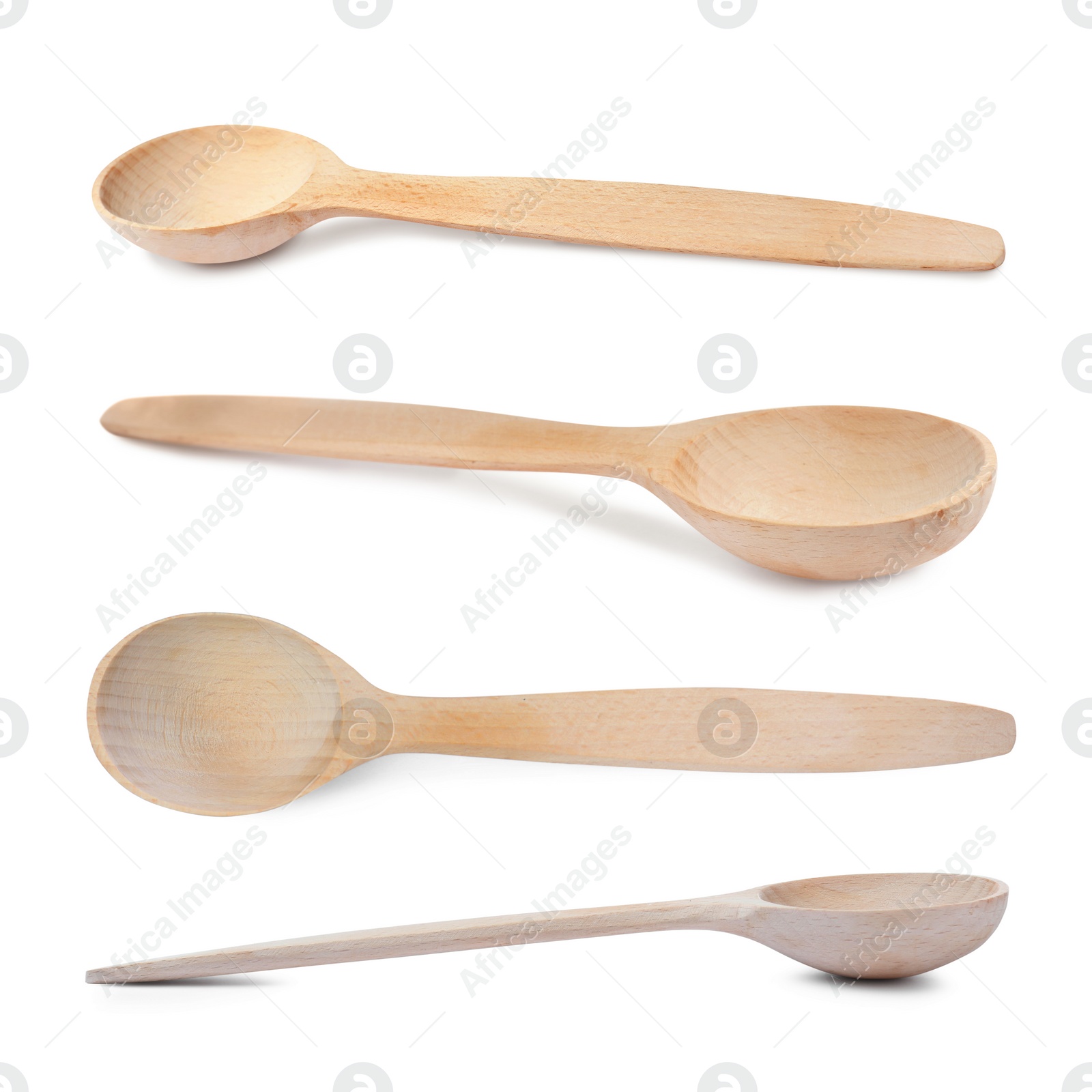 Image of Wooden spoons on white background, collage. Cooking utensil