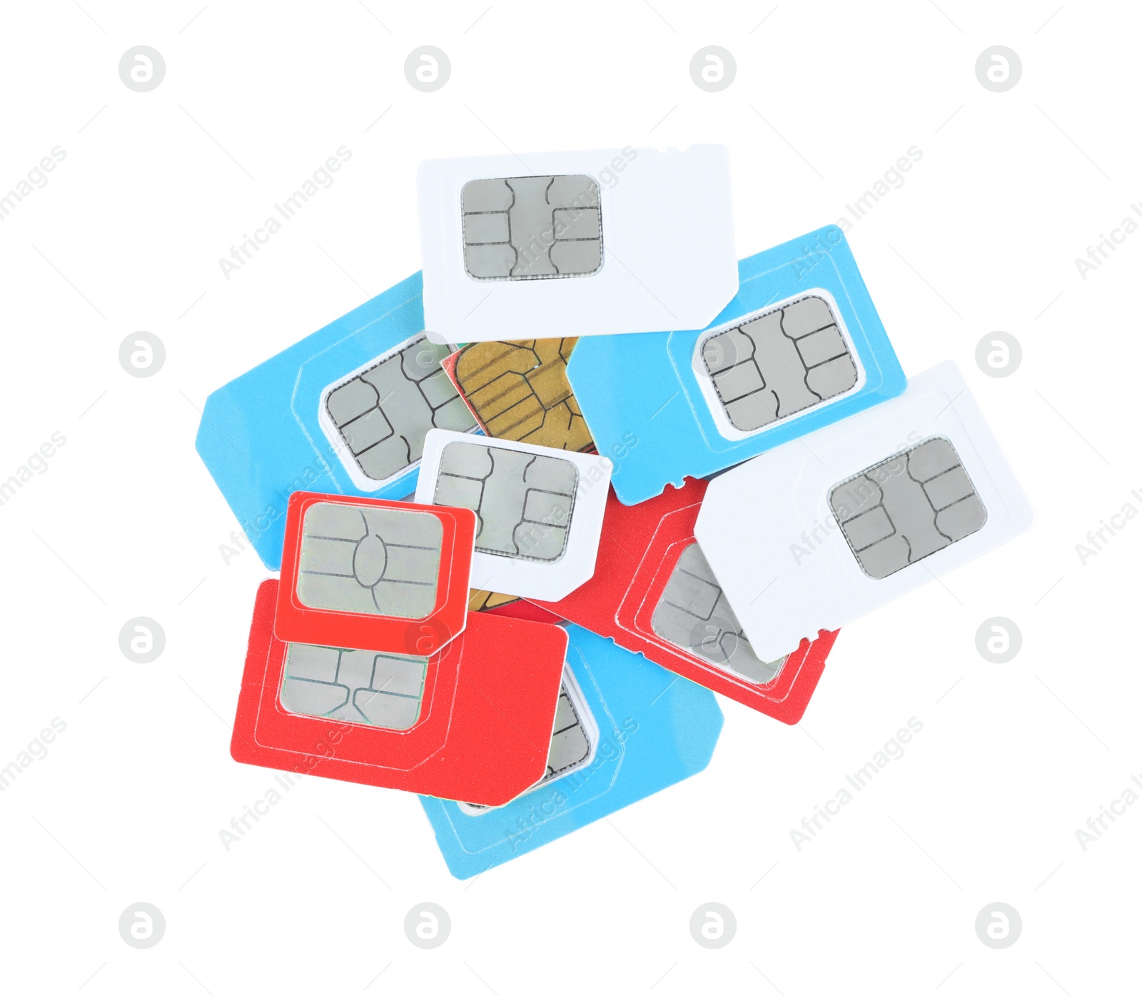 Photo of Pile of different SIM cards on white background, top view