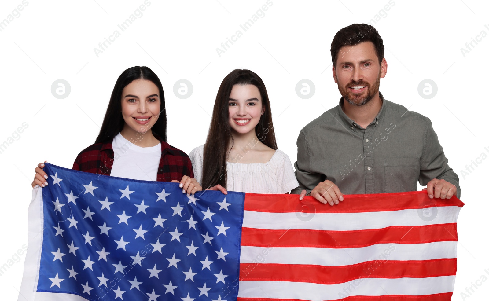 Image of 4th of July - Independence day of America. Happy family with national flag of United States on white background