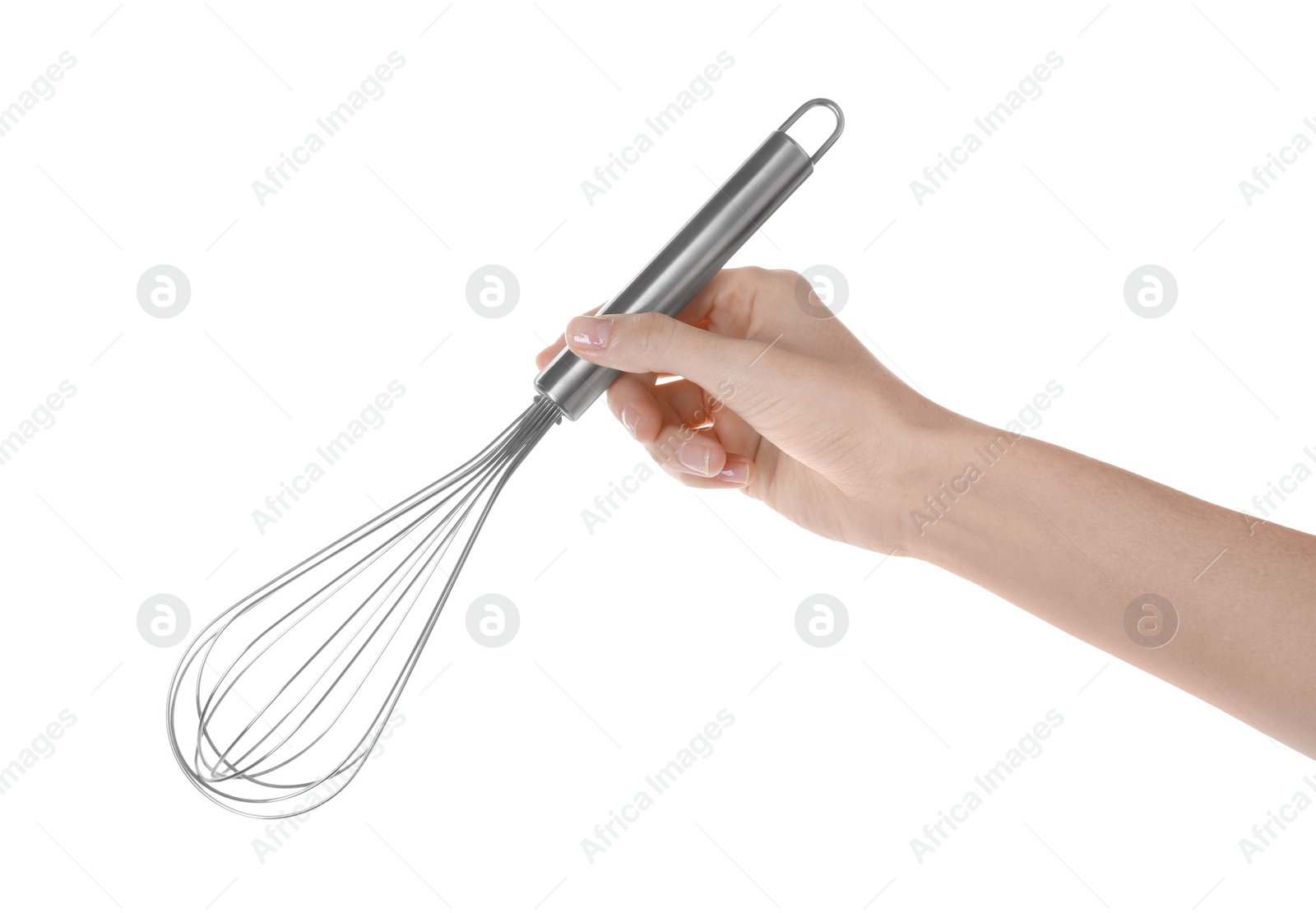 Photo of Woman holding metal whisk on white background, closeup