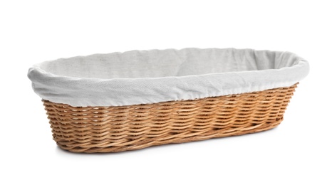 Empty wicker basket for bread on white background