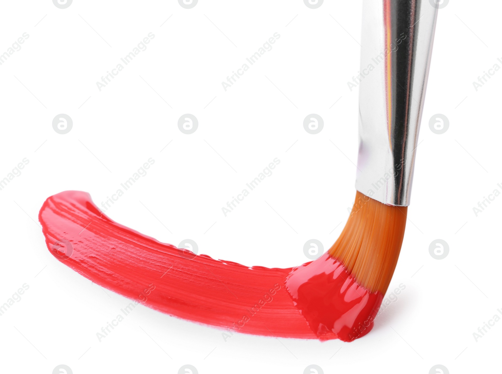 Photo of Brush with color paint and stroke on white background