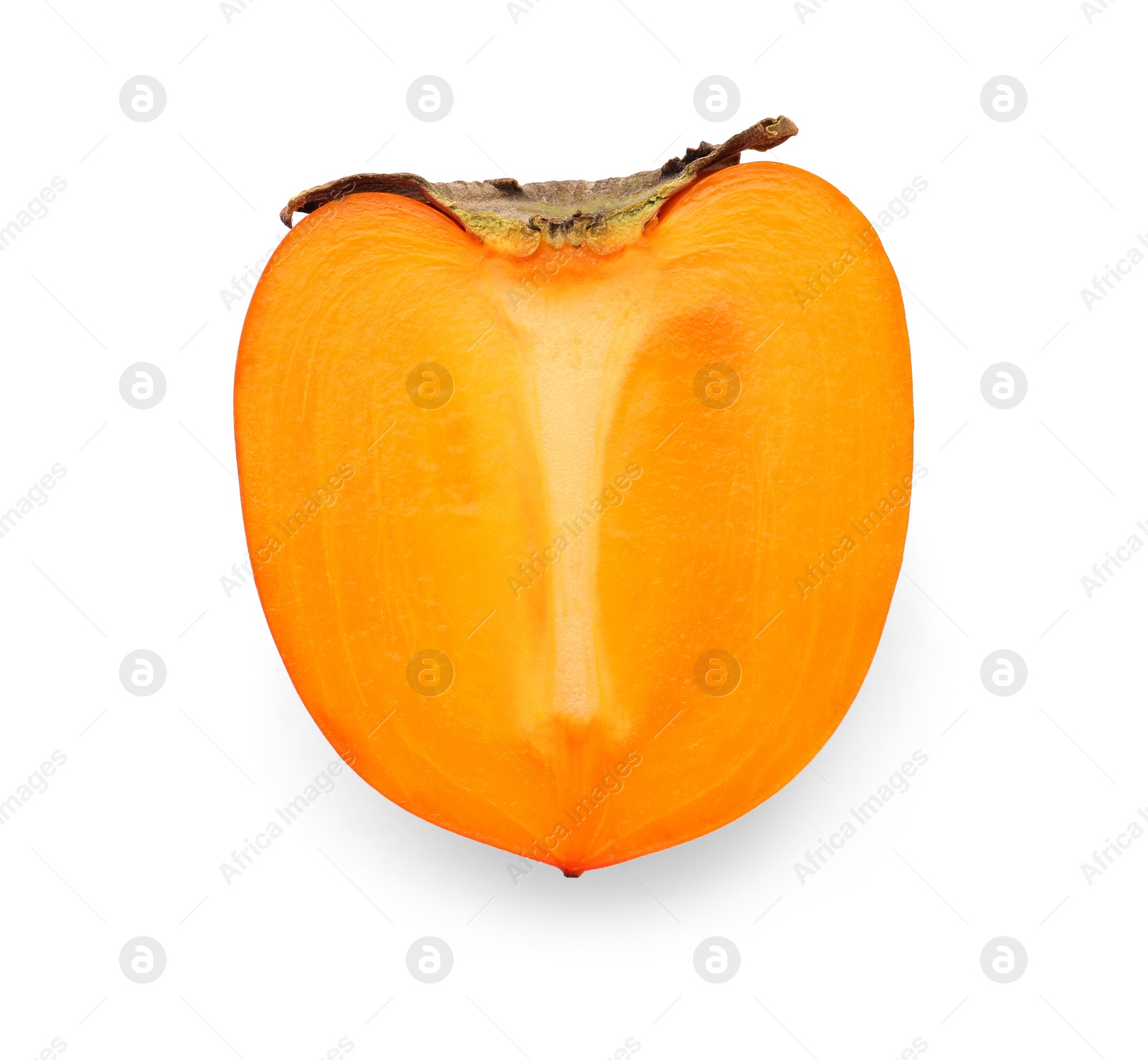 Photo of Half of delicious ripe juicy persimmon isolated on white, top view