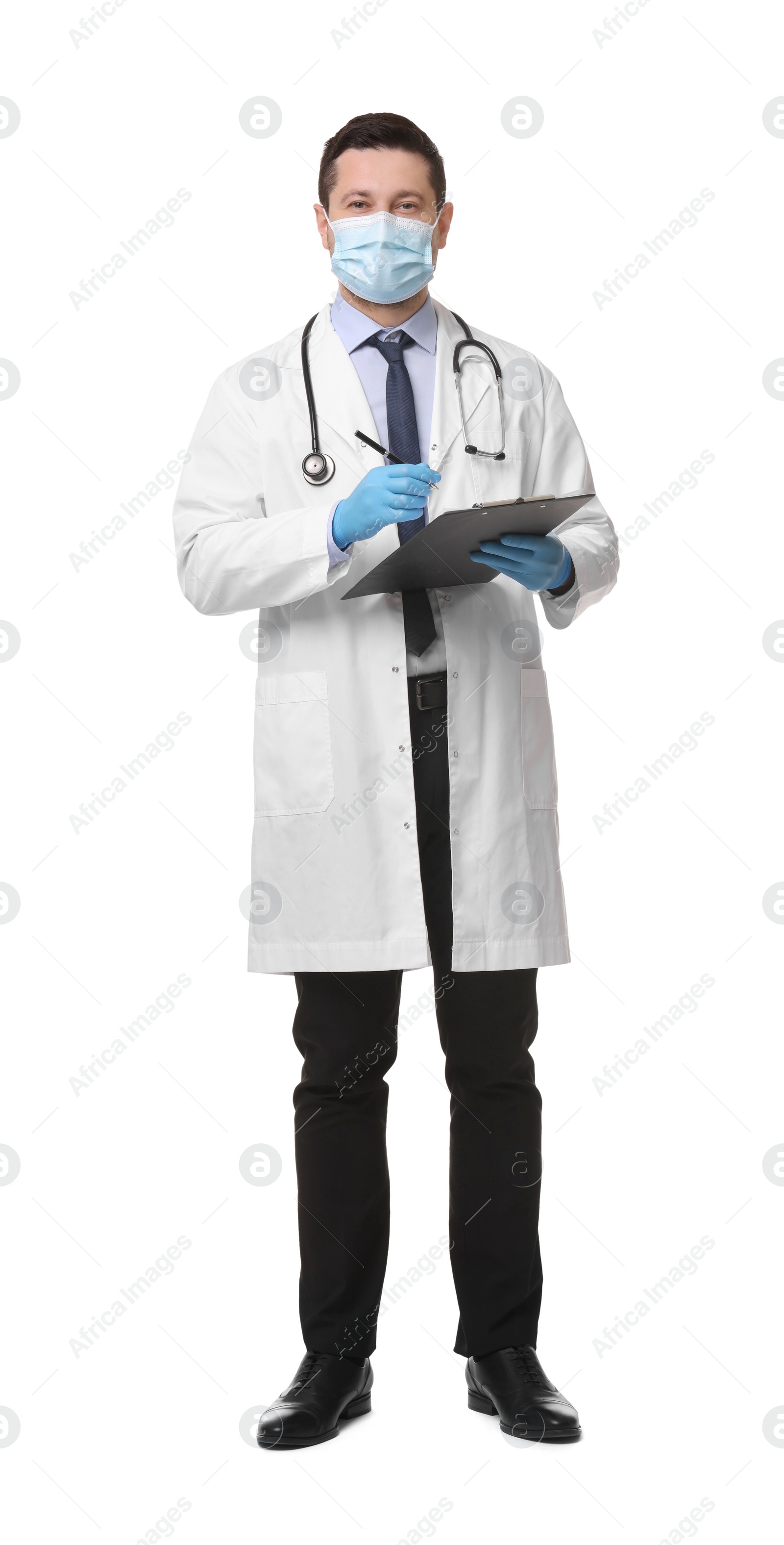 Photo of Doctor in medical mask with clipboard and pen isolated on white