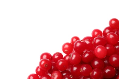 Pile of fresh ripe cranberries on white background, top view