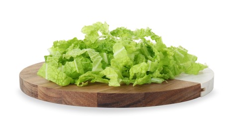 Photo of Board with pile of shredded fresh Chinese cabbage isolated on white