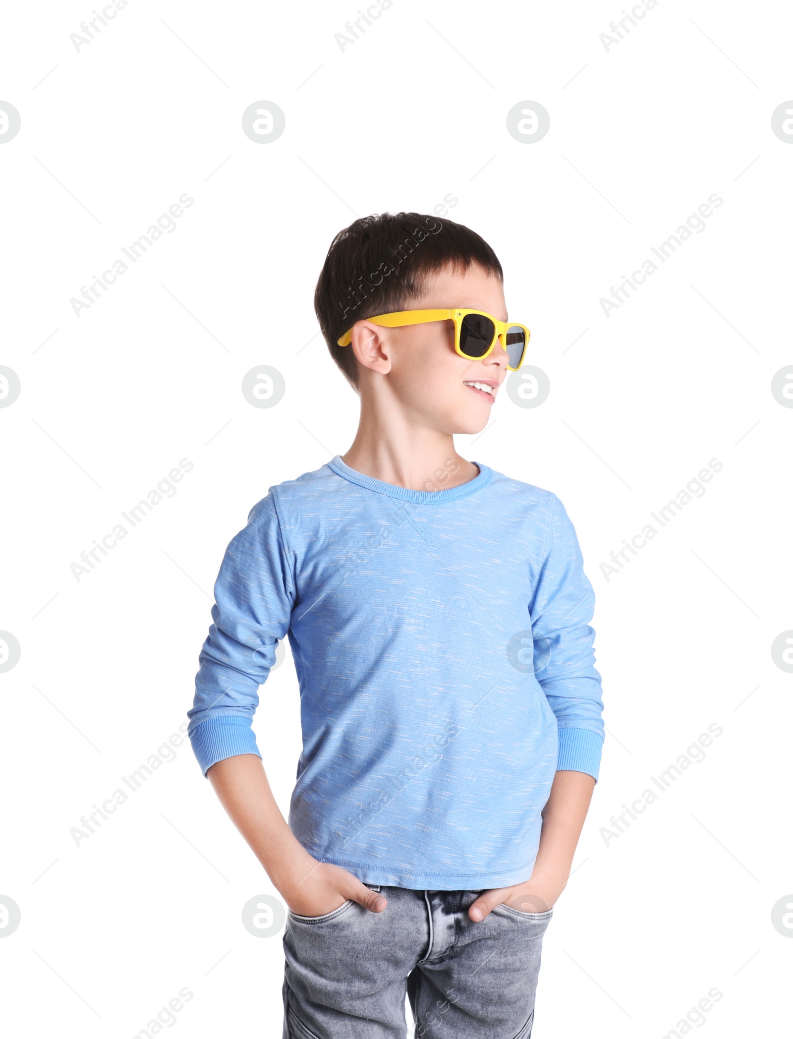 Photo of Little boy in long sleeve t-shirt on white background. Mock-up for design