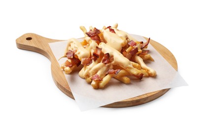 Photo of Delicious French fries with bacon and cheese sauce isolated on white