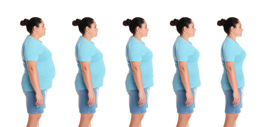 Collage with photos of overweight woman before and after weight loss on white background. Banner design 