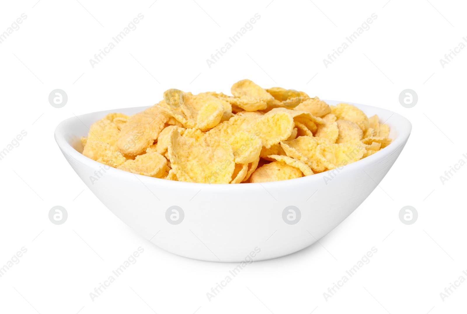 Photo of Breakfast cereal. Tasty corn flakes in bowl isolated on white