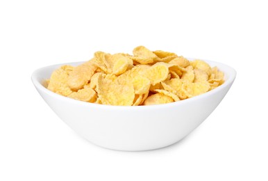 Photo of Breakfast cereal. Tasty corn flakes in bowl isolated on white