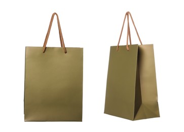 Golden shopping bag isolated on white, different sides