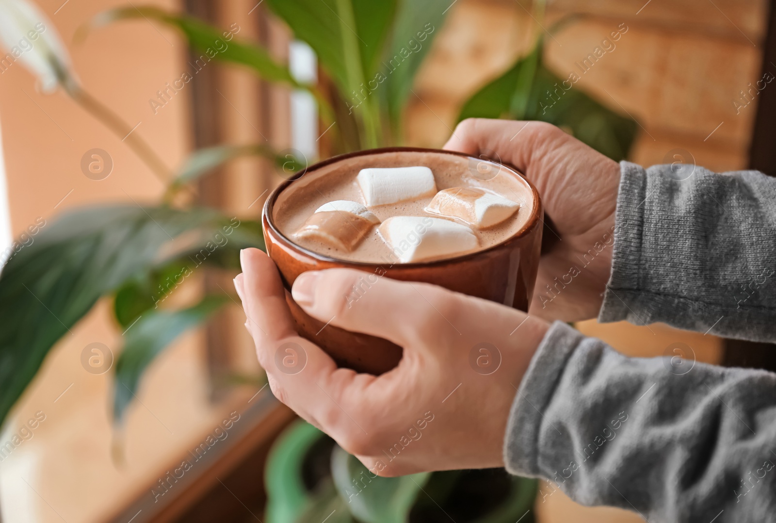 Photo of Woman holding cup of aromatic cacao with   marshmallows, closeup
