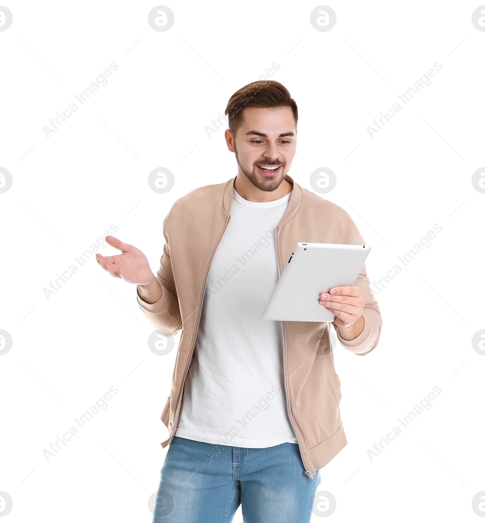 Photo of Man using tablet for video chat isolated on white