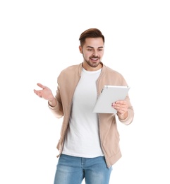 Photo of Man using tablet for video chat isolated on white