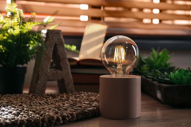 Modern night lamp, houseplants and decor on wooden table indoors. Space for text