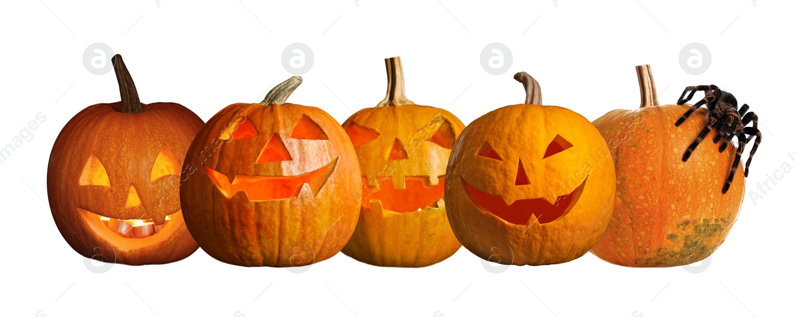 Image of Set of halloween pumpkin head jack lanterns on white background. Banner design 