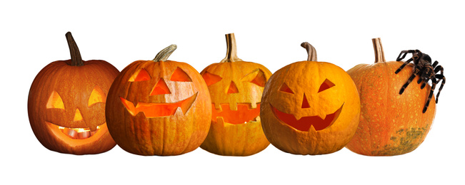 Image of Set of halloween pumpkin head jack lanterns on white background. Banner design 