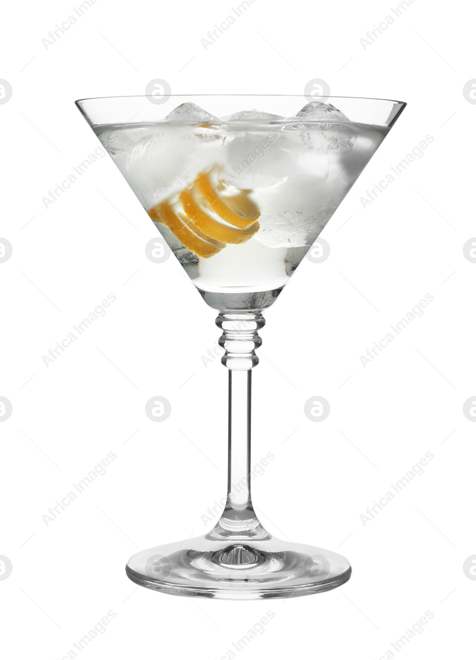 Photo of Glass of classic martini cocktail with ice cubes and lemon zest on white background