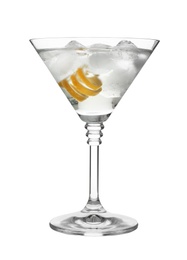 Glass of classic martini cocktail with ice cubes and lemon zest on white background