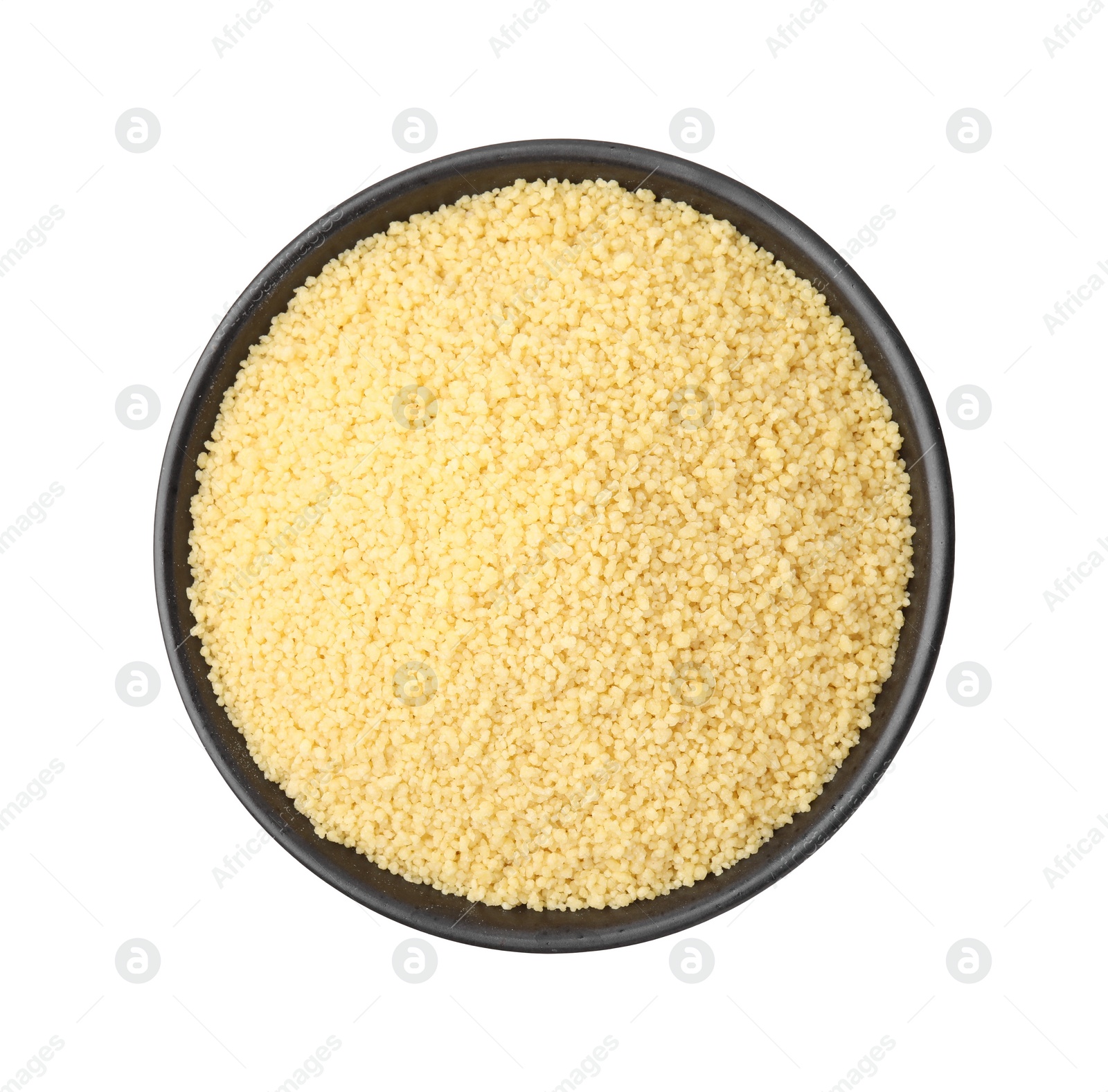 Photo of Raw couscous in bowl isolated on white, top view