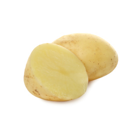 Photo of Whole and cut fresh raw organic potatoes on white background