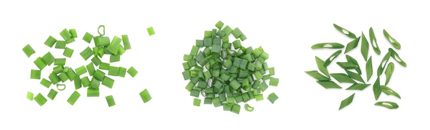 Heaps of chopped green onion on white background, top view