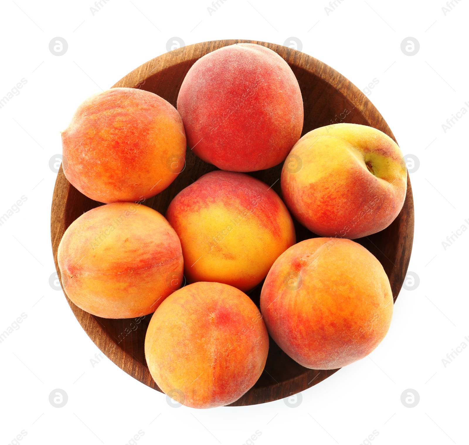 Photo of Bowl with fresh sweet peaches on white background