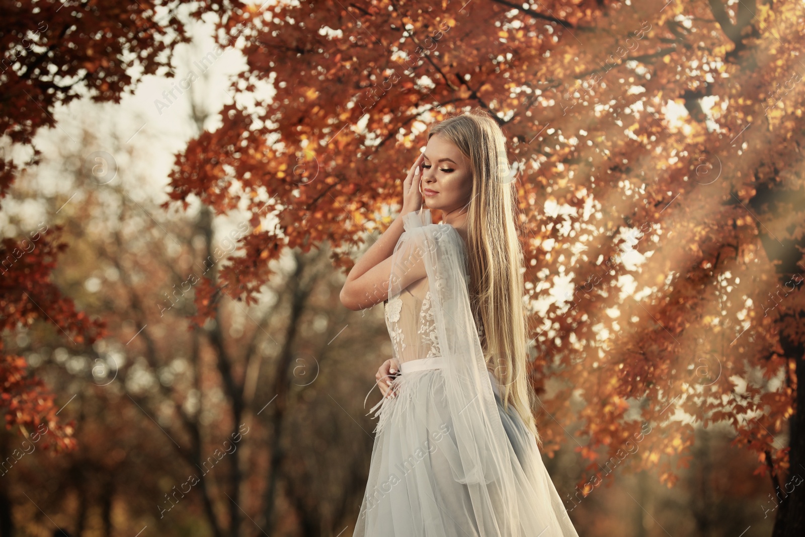 Photo of Beautiful girl wearing fairy dress in autumn forest