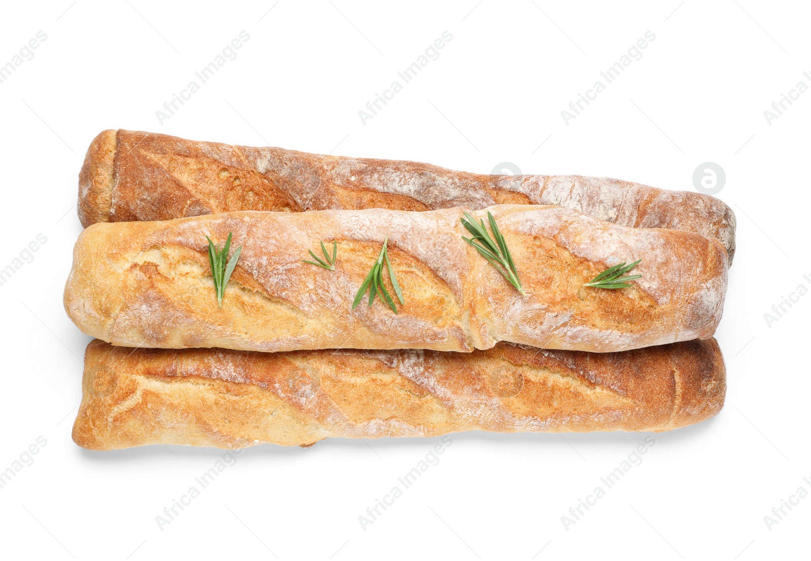 Photo of Crispy French baguettes with rosemary on white background, top view. Fresh bread