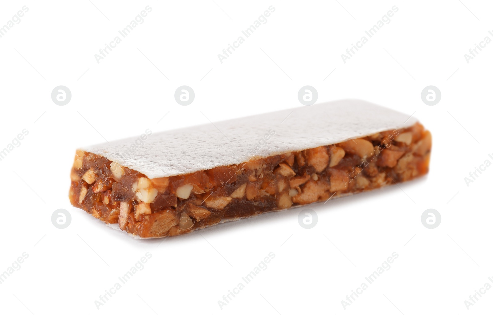 Photo of Tasty protein bar on white background. Healthy snack