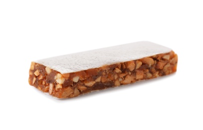 Photo of Tasty protein bar on white background. Healthy snack