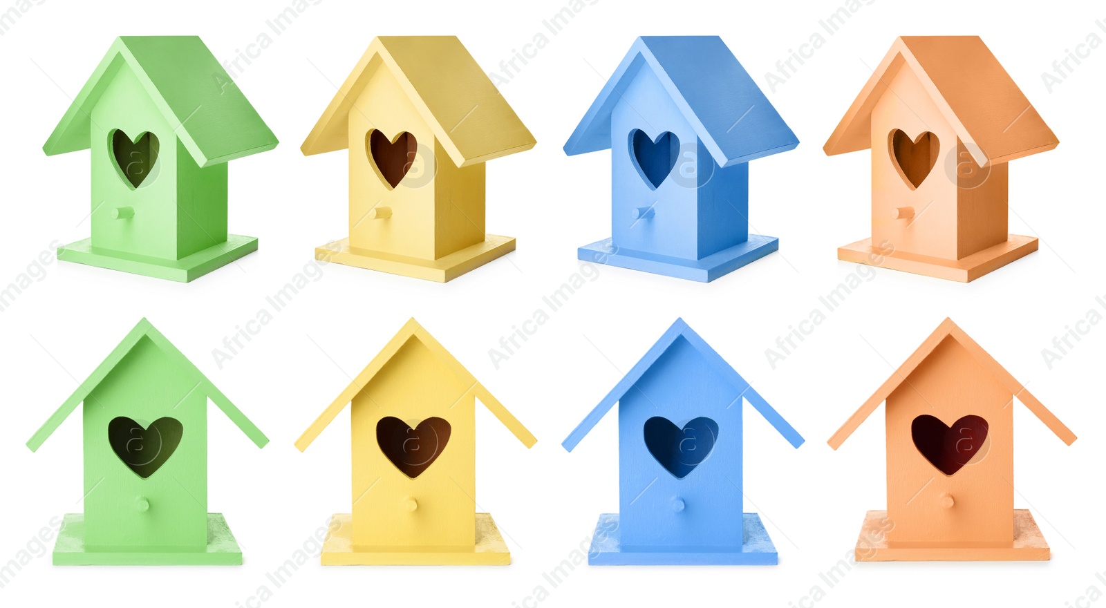 Image of Set with different colorful bird houses on white background, banner design 