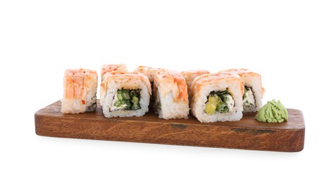 Photo of Delicious sushi rolls with shrimps on white background