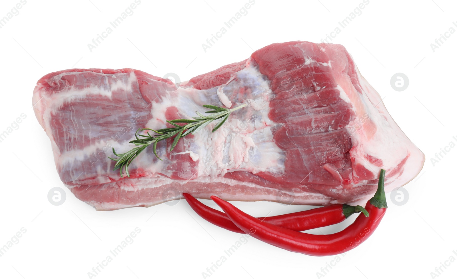 Photo of One piece of raw pork belly, chili pepper and rosemary isolated on white, top view
