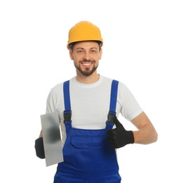 Professional worker with putty knife in hard hat on white background