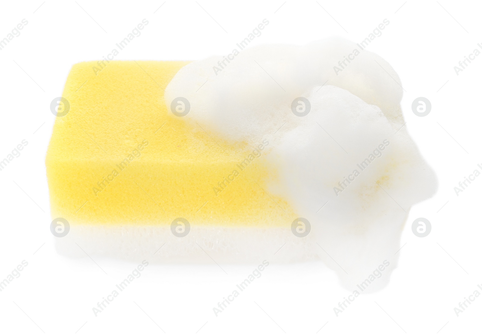 Photo of Yellow sponge with foam isolated on white