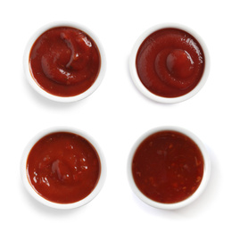 Image of Set of different tomato sauces on white background, top view