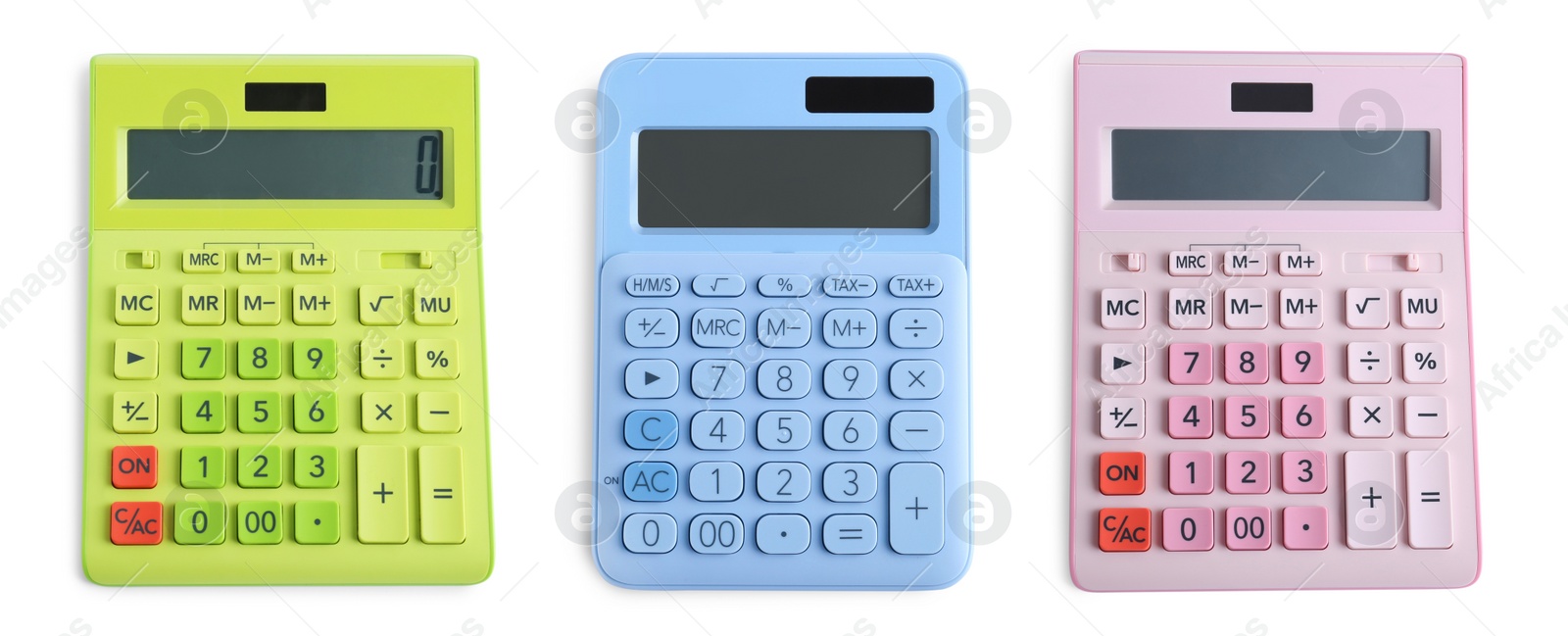 Image of Set with different calculators on white background, top view. Banner design