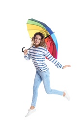 Woman with rainbow umbrella on white background