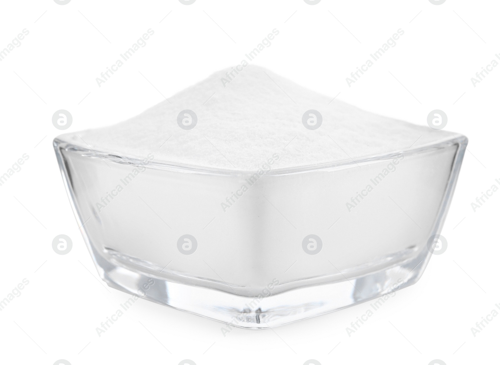 Photo of Glass bowl with baking soda isolated on white