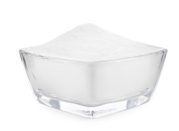 Glass bowl with baking soda isolated on white