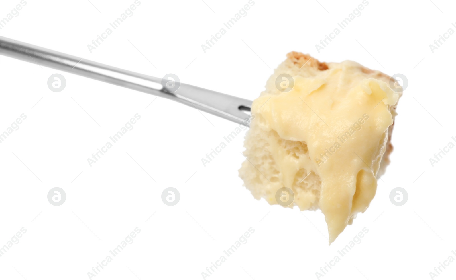 Photo of Tasty fondue. Fork with piece of bread and melted cheese isolated on white