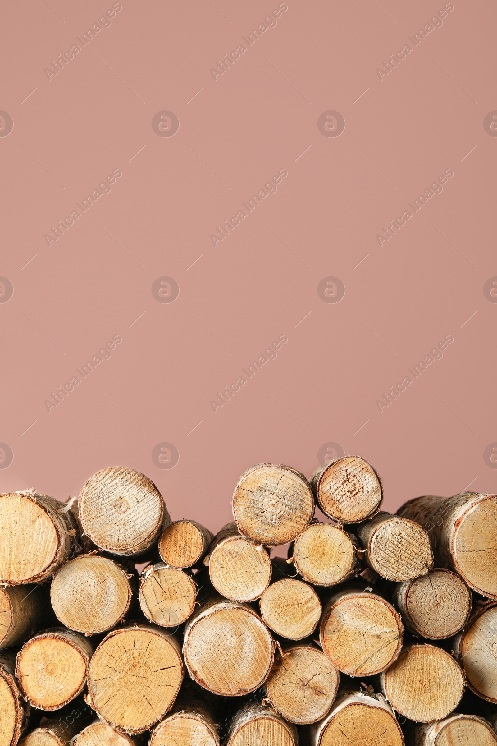 Photo of Cut firewood on pink background. Space for text