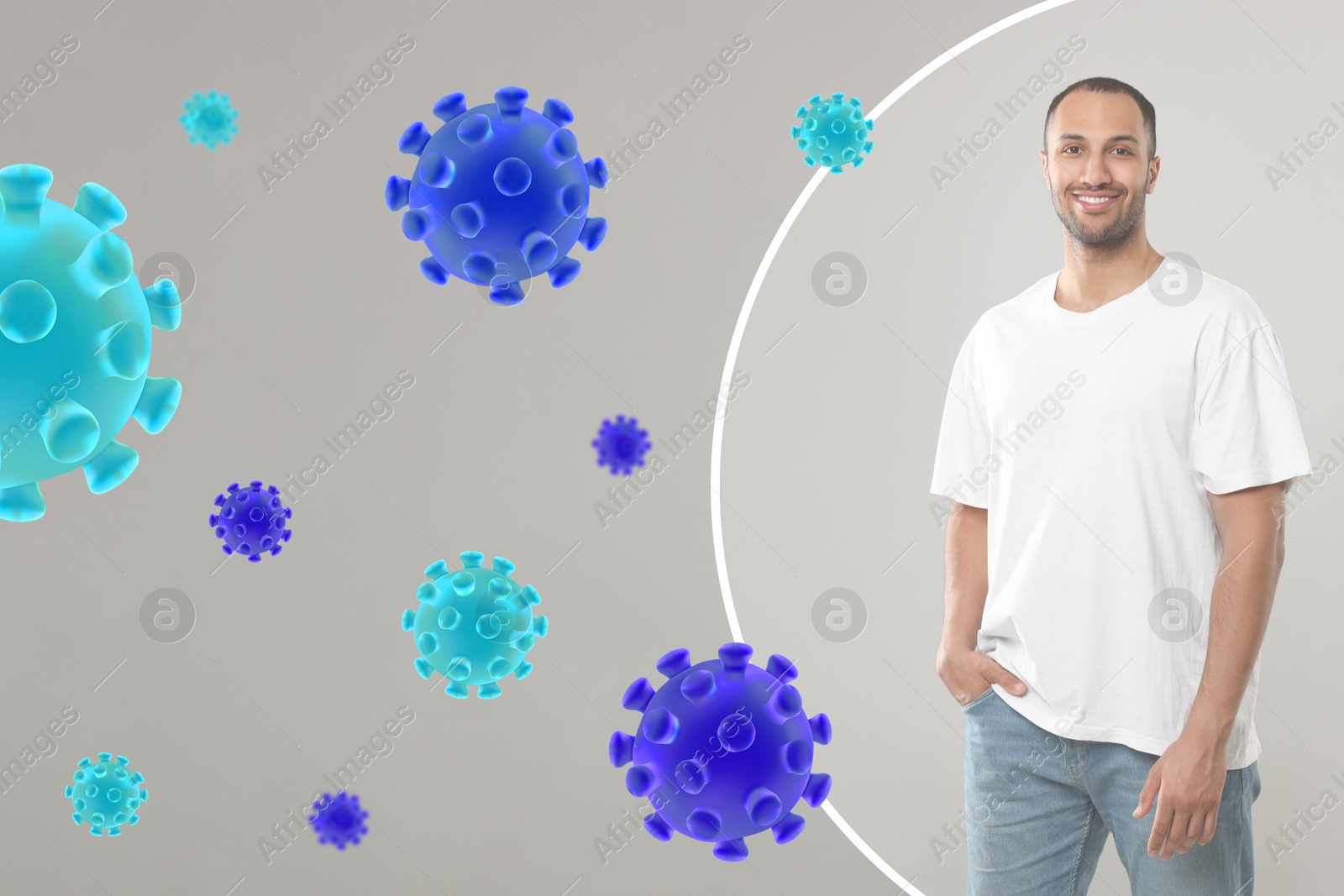 Image of Man with strong immunity surrounded by viruses on grey background